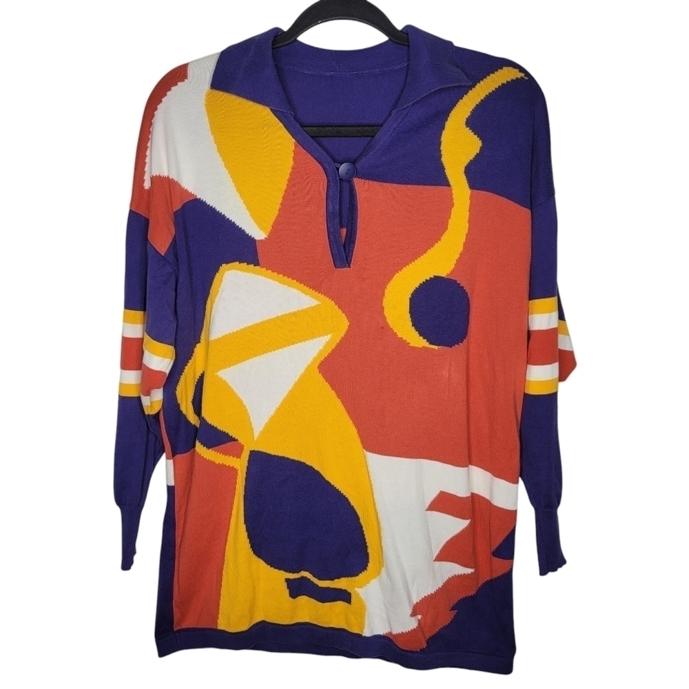 Vintage 80s Womens Abstract Art Collared Thin Sweatshirt Size 6 - Picture 1 of 3